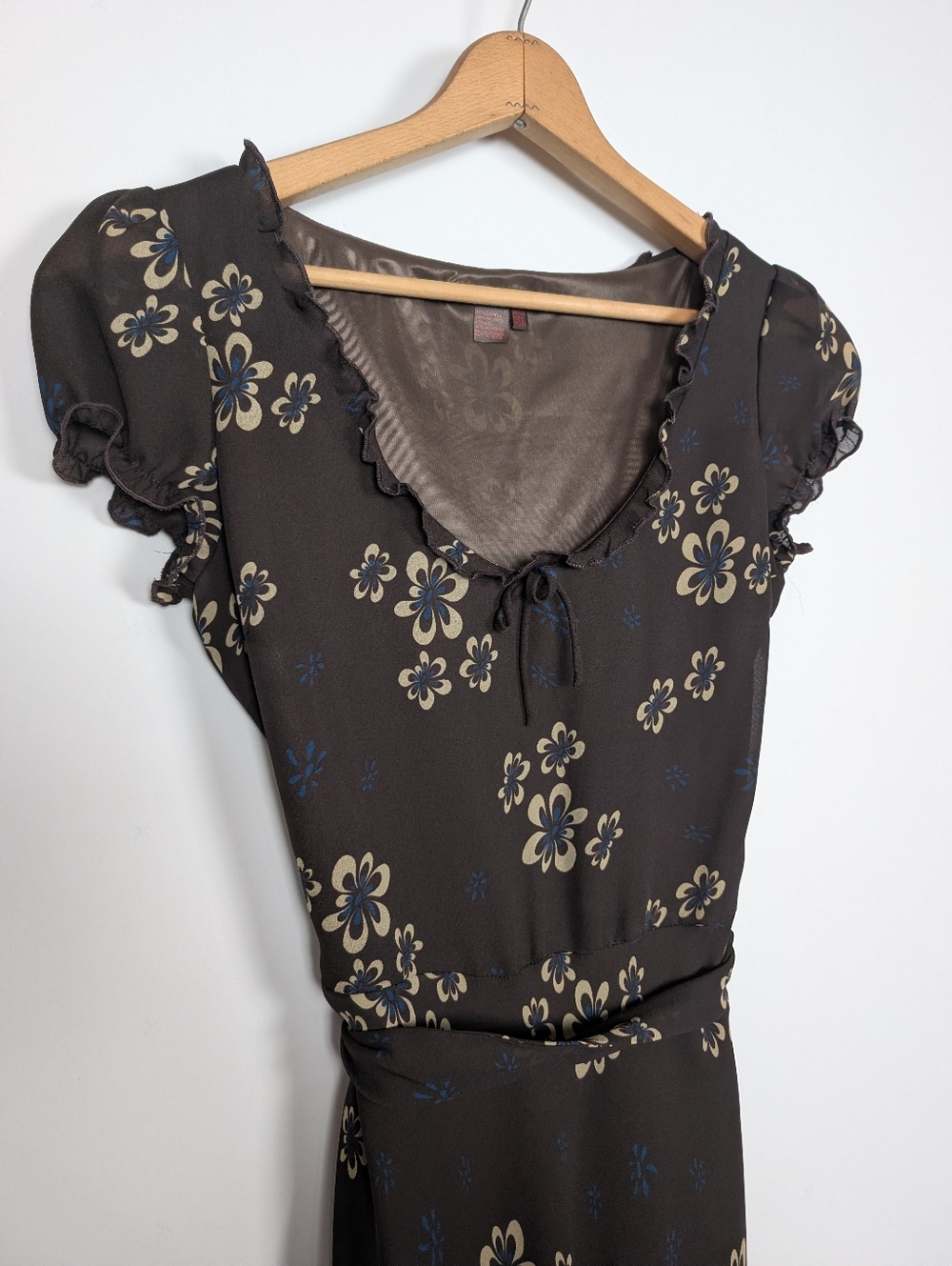 Vintage Zara Y2K Brown Floral Babydoll Milkmaid Cottagecore Dress Size 6 - Picture 2 of 8